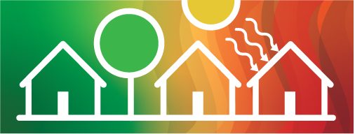 Commheat logo with green, yellow and red background behind three sketch houses
